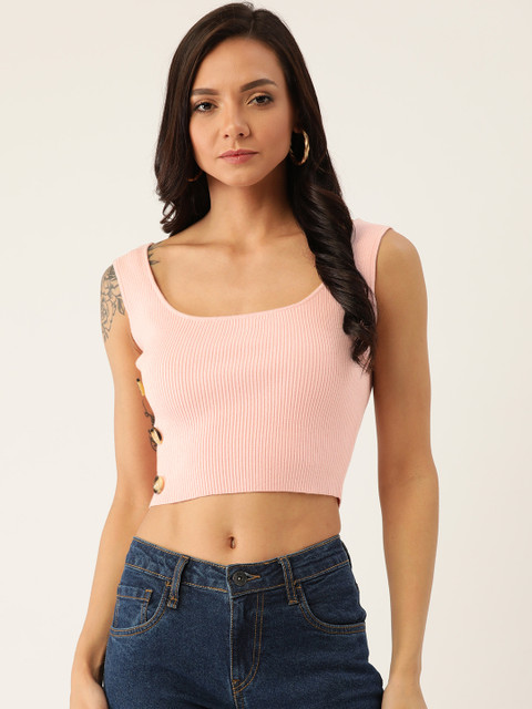 

COVER STORY Women Pink Ribbed Cropped Fitted Top