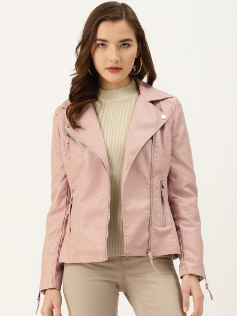 

COVER STORY Women Peach-Coloured Solid Biker Jacket