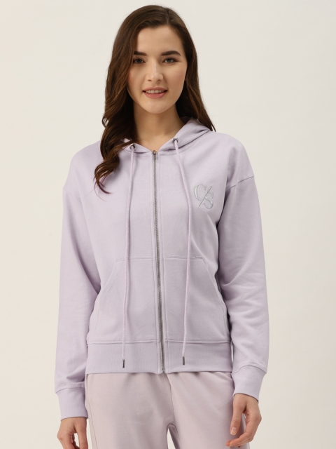 

COVER STORY Women Lavender Solid Cotton Lounge Hooded Sweatshirt