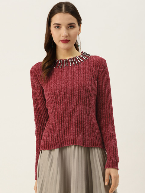 

COVER STORY Women Pink Solid Jewel Neck Pullover Sweater