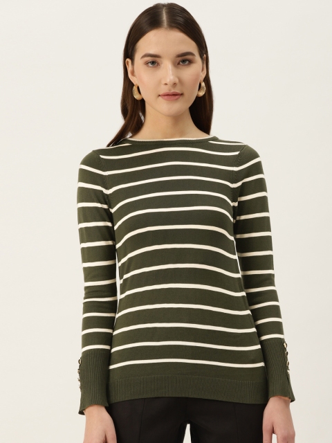 

COVER STORY Women Olive Green & Off-White Striped Pullover Sweater