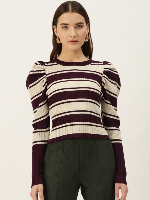 

COVER STORY Women Beige & Maroon Striped Pullover Sweater