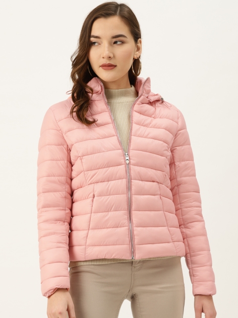 

COVER STORY Women Pink Solid Detachable Hood Padded Jacket