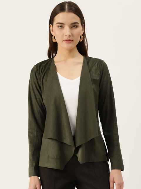 

COVER STORY Women Olive Green Suede Finish Solid Open Front Shrug