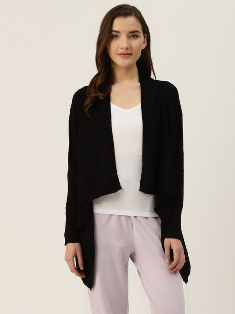 

COVER STORY Women Black Solid Stretchable Longline Lounge Front-Open Sweater