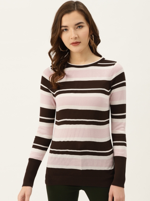 

COVER STORY Women Coffee Brown & Pink Striped Stretchable Pullover