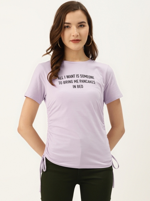 

COVER STORY Women Lavender & Black Printed Side Tie-Up T-shirt