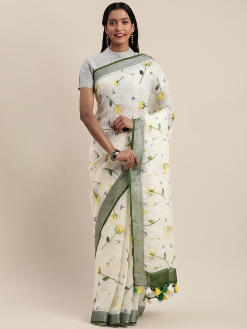 

Mirraw Off-White Pure Linen Floral Printed Bhagalpuri Saree