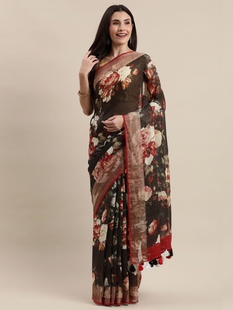 

KALASATI Black & Red Pure Linen Printed Handloom Bhagalpuri Saree