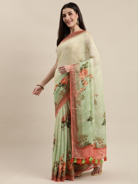 

KALASATI Green & Peach-Coloured Pure Linen Printed Handloom Bhagalpuri Saree