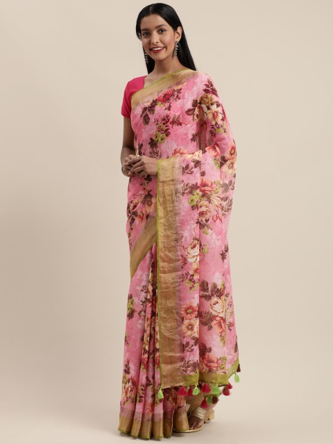 

KALASATI Pink Pure Linen Floral Printed Bhagalpuri Saree
