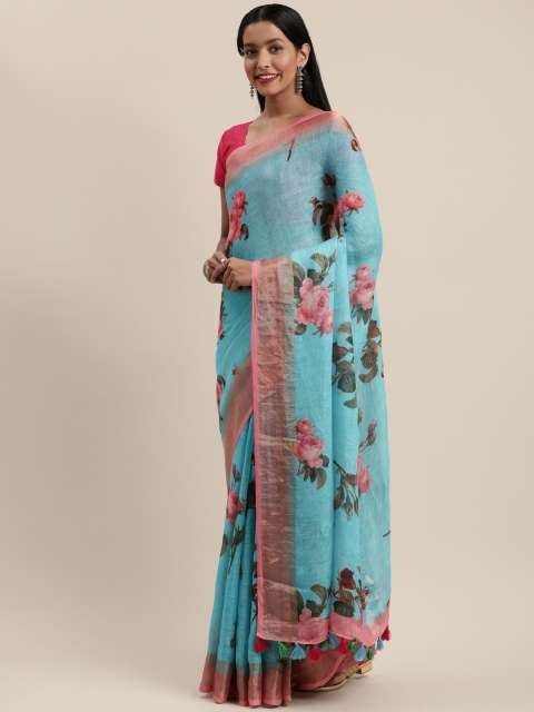 

KALASATI Blue Pure Linen Floral Printed Bhagalpuri Saree