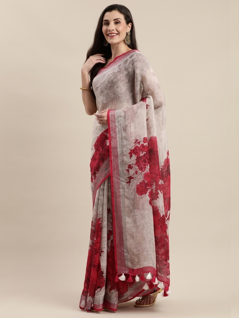 

KALASATI White & Red Pure Linen Printed Bhagalpuri Saree