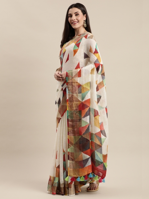 

KALASATI White & Mustard Yellow Pure Linen Printed Bhagalpuri Handloom Saree