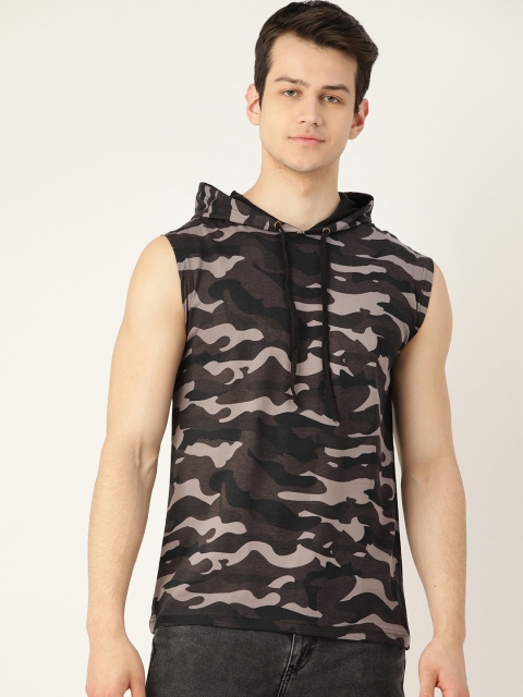 

Rodzen Men Coffee Brown & Grey Cotton Camouflage Print Hooded T-shirt