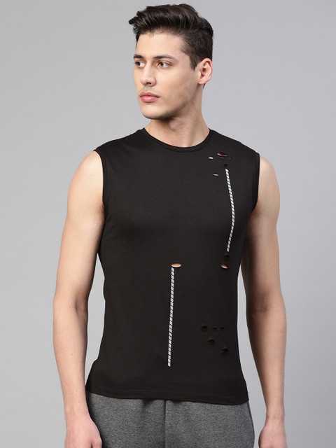 

Fitkin Men Black Pure Cotton Ribbed Detail Slim Fit Solid Round Neck T-shirt