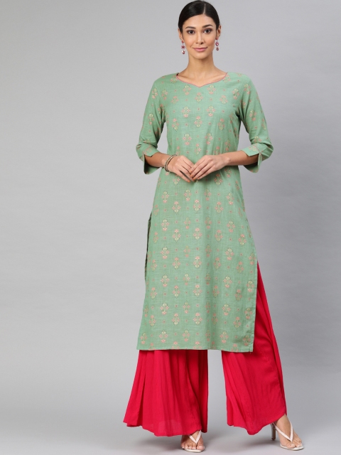 

AHIKA Women Green & Pink Printed Straight Kurta