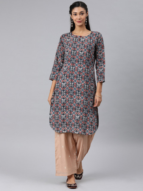

AHIKA Women Blue & Maroon Printed Straight Kurta