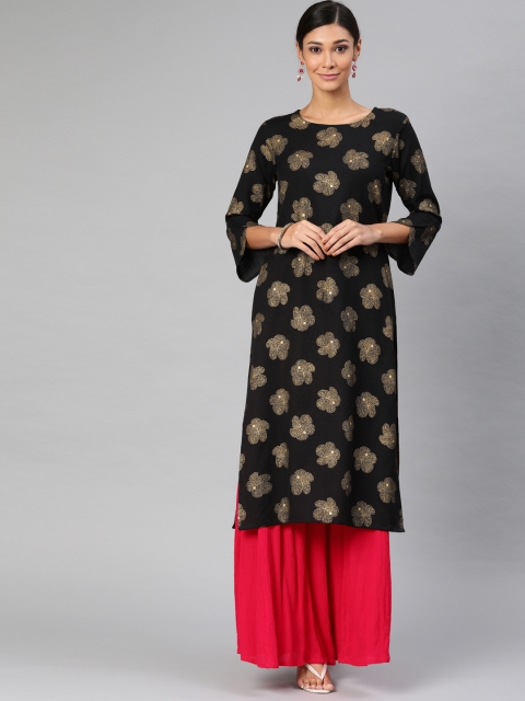 

AHIKA Women Black & Gold-Toned Printed Straight Kurta
