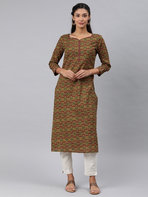

AHIKA Women Mustard Yellow & Maroon Printed Straight Kurta