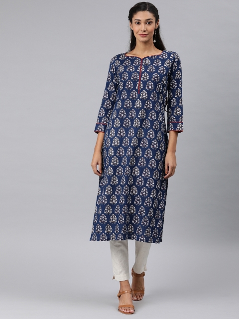 

AHIKA Women Navy Blue & White Printed Straight Kurta