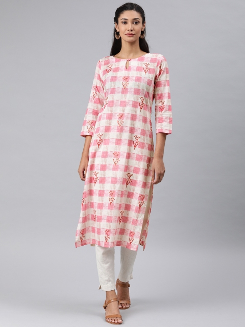 

AHIKA Women Pink & Cream-Coloured Checked Straight Kurta