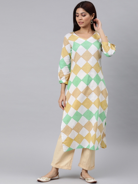 

AHIKA Women Cream-Coloured & Green Geometric Printed Straight Kurta