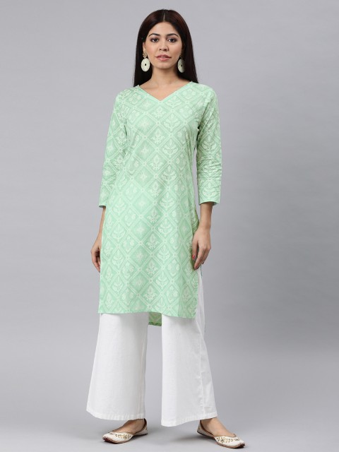 

AHIKA Women Green & White Printed Straight Kurta