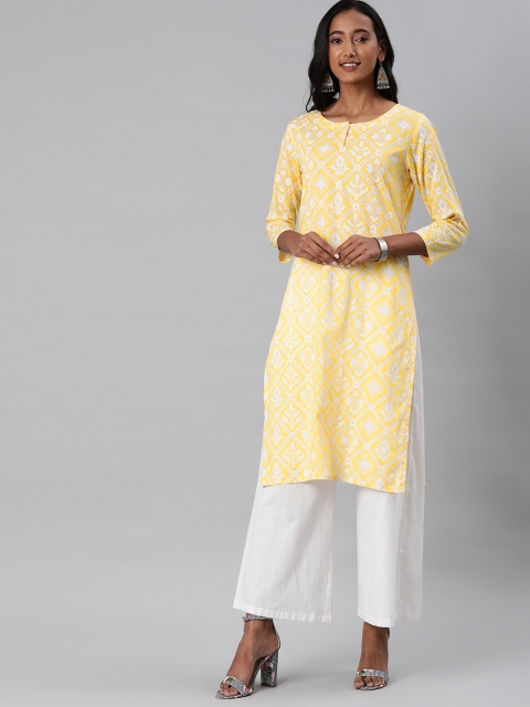 

AHIKA Women Yellow & White Ethnic Printed Straight Kurta