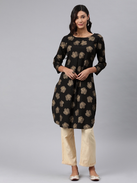 

AHIKA Women Black & Yellow Printed Straight Kurta