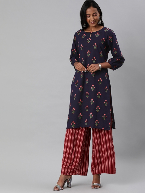 

AHIKA Women Navy Blue Floral Printed Straight Kurta