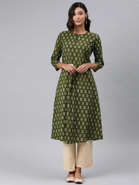

AHIKA Women Green & White Printed A-Line Kurta