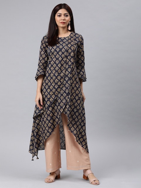 

AHIKA Women Navy Blue & Beige Printed A-Line Kurta