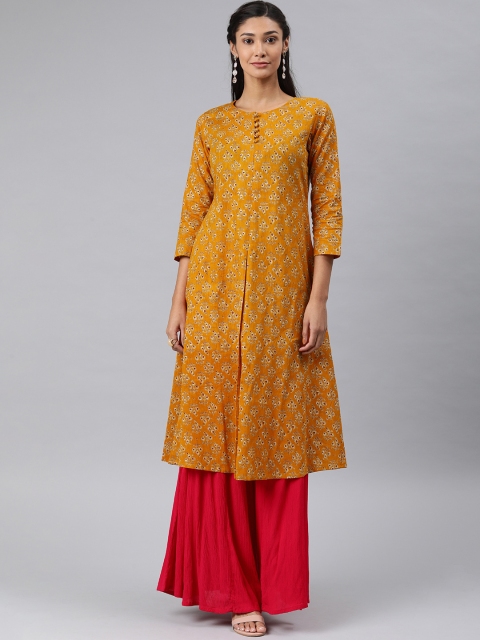 

AHIKA Women Mustard Yellow & Off-White Floral Printed A-Line Kurta