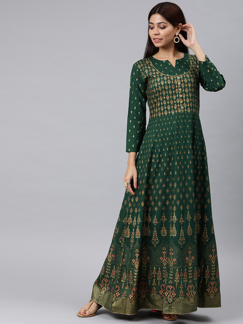 

AHIKA Women Teal Green & Gold-Toned Printed A-Line Kurta
