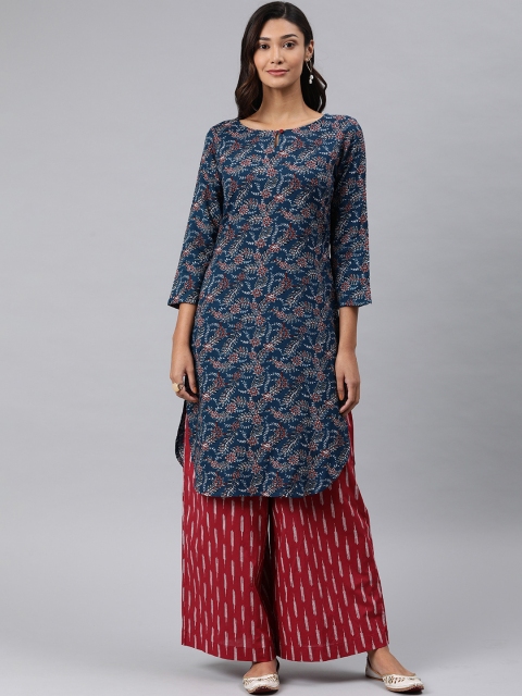 

AHIKA Women Navy Blue & Red Floral Printed Straight Kurta
