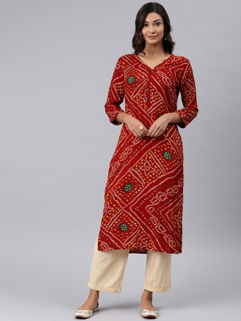

AHIKA Women Red & Green Printed Straight Kurta