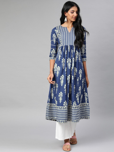

AHIKA Women Blue & Off-White Printed A-Line Kurta