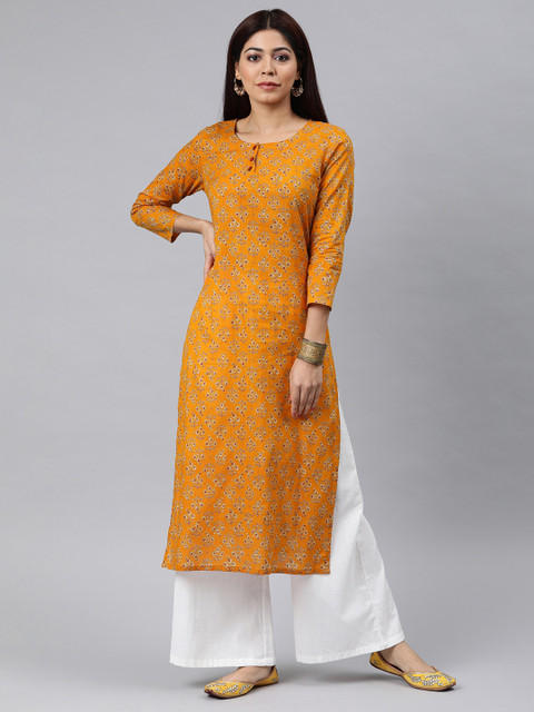 

AHIKA Women Mustard Yellow & White Printed Straight Kurta