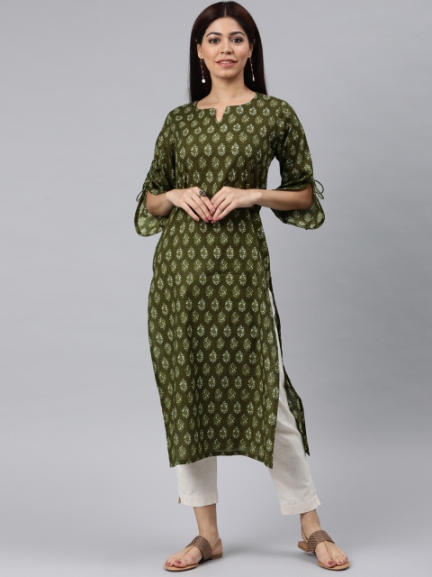 

AHIKA Women Green & White Floral Printed Straight Kurta