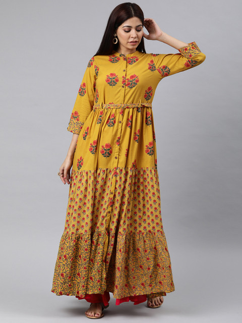 

AHIKA Women Mustard Yellow & Pink Printed Straight Kurta