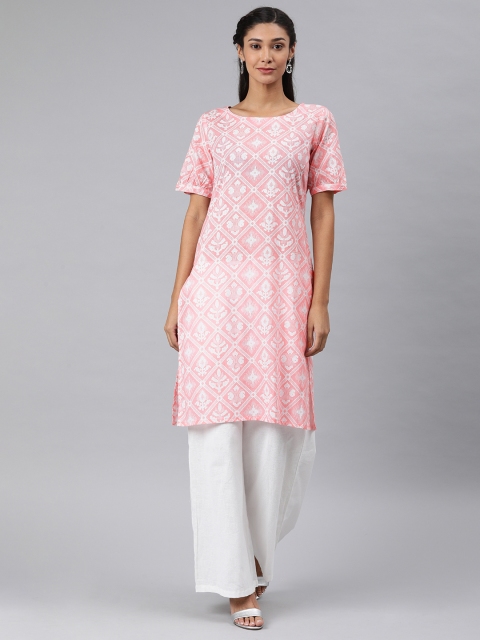 

AHIKA Women Pink & White Printed Straight Kurta