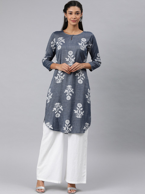 

AHIKA Women Grey & White Printed Straight Kurta