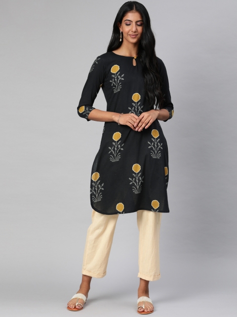 

AHIKA Women Black & Yellow Printed A-Line Kurta
