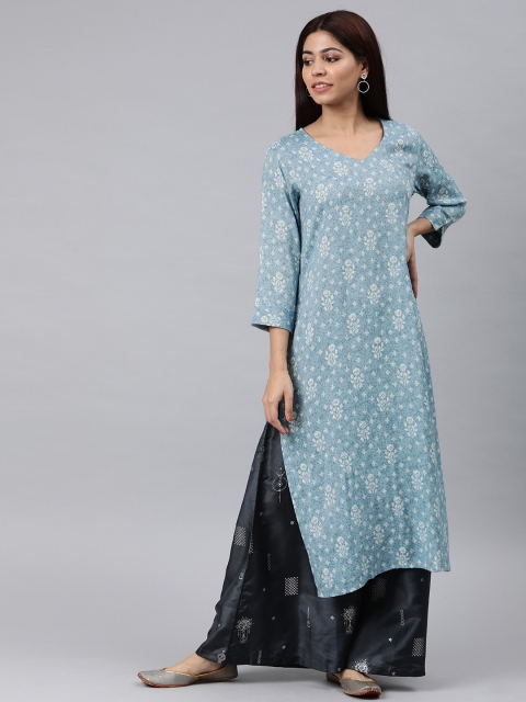 

AHIKA Women Blue & White Printed Straight Kurta