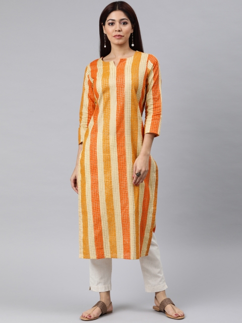 

AHIKA Women Cream-Coloured & Orange Checked Straight Kurta
