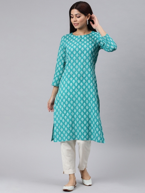 

AHIKA Women Turquoise Blue & White Printed Straight Kurta
