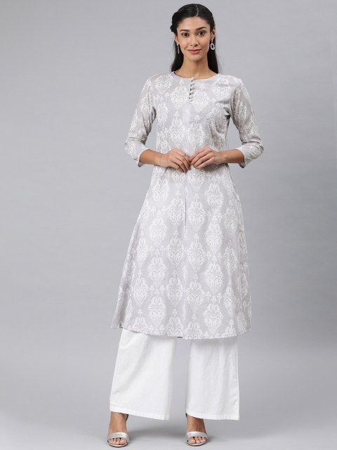 

AHIKA Women Grey & White Printed Straight Kurta