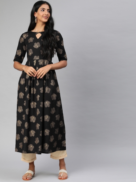 

AHIKA Women Black & Gold-Toned Printed A-Line Kurta