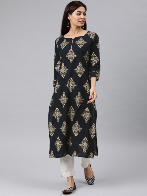 

AHIKA Women Navy Blue & Off-White Floral Printed Straight Kurta